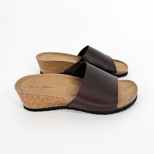 Sonia Brown Faux Leather Cork Wedge Minimalist Slide Sandals Size 9
